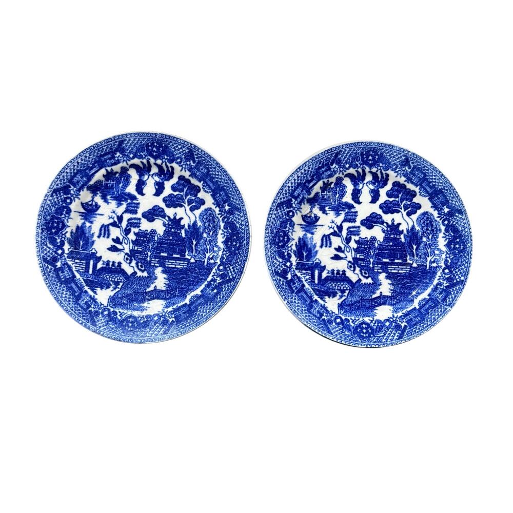 Blue Willow SM Plates (2) 6.5” Made in Japan Blue & WHITE Transferware Farmhouse